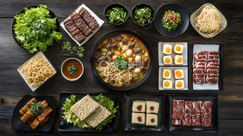 高清大图下载【趣麦麦图】中式火锅与多样食材组合美食摄影图