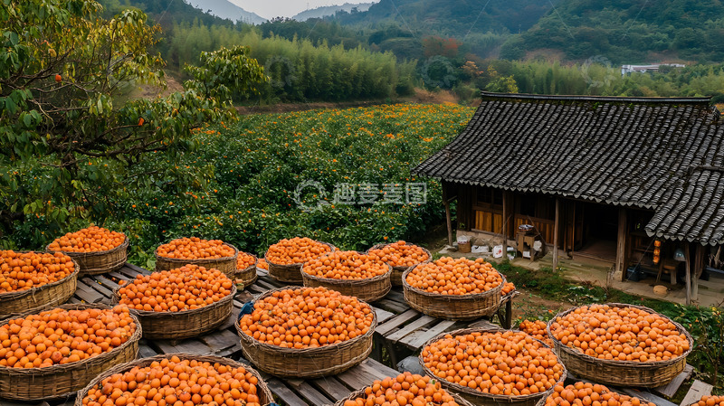 高清大图下载【趣麦麦图】乡村农舍旁晒柿子的丰收景象摄影图