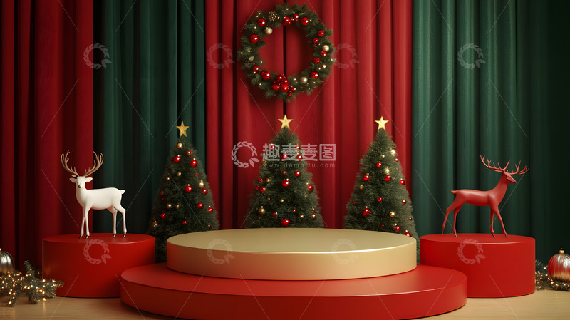 高清大图下载【趣麦麦图】圣诞树与麋鹿装饰的红绿背景节日场景