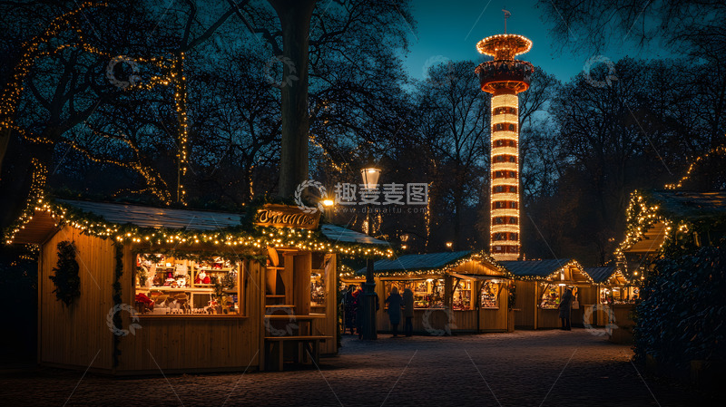 夜晚的圣诞集市与装饰灯光节日场景