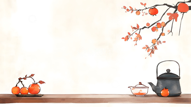 高清大图下载【趣麦麦图】柿子树枝与茶具的中式秋季插画图