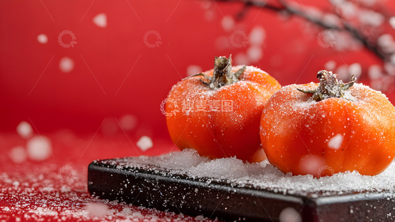 高清大图下载【趣麦麦图】撒满雪花的冬季柿子静物摄影图