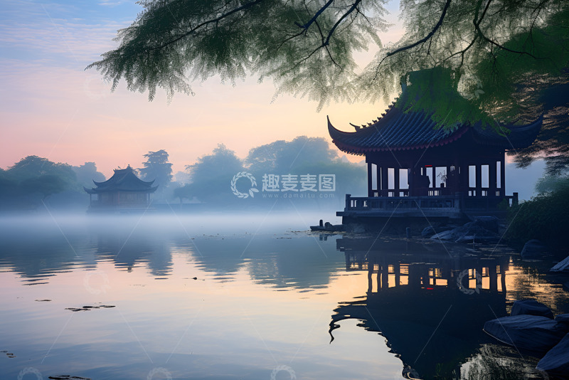 高清大图下载【趣麦麦图】晨雾中的湖中凉亭