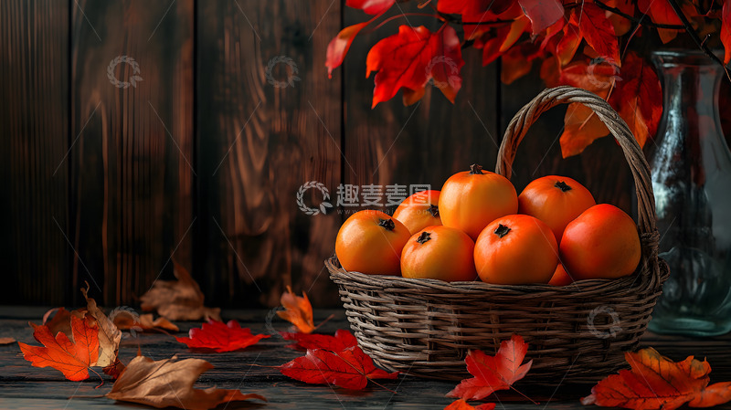 高清大图下载【趣麦麦图】秋叶环绕的篮子中新鲜柿子静物摄影图