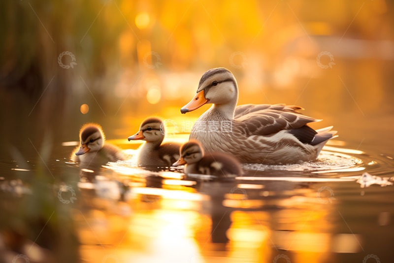 高清大图下载【趣麦麦图】湖面上的鸭子妈妈带着小鸭子