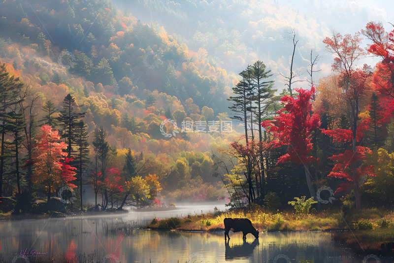 高清大图下载【趣麦麦图】秋季山林湖中喝水的野牛