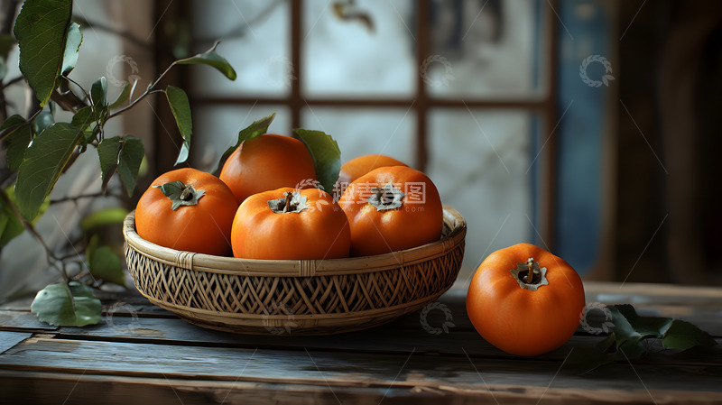 高清大图下载【趣麦麦图】竹篮中摆放的新鲜柿子与窗边静物摄影图