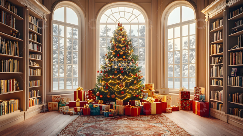高清大图下载【趣麦麦图】图书馆窗前的圣诞树与礼物盒节日场景