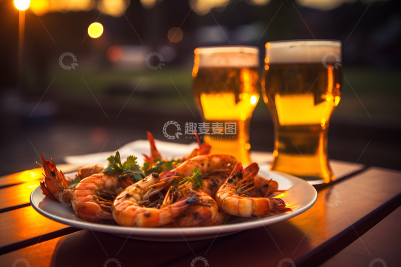 高清大图下载【趣麦麦图】一盘烤虾和啤酒