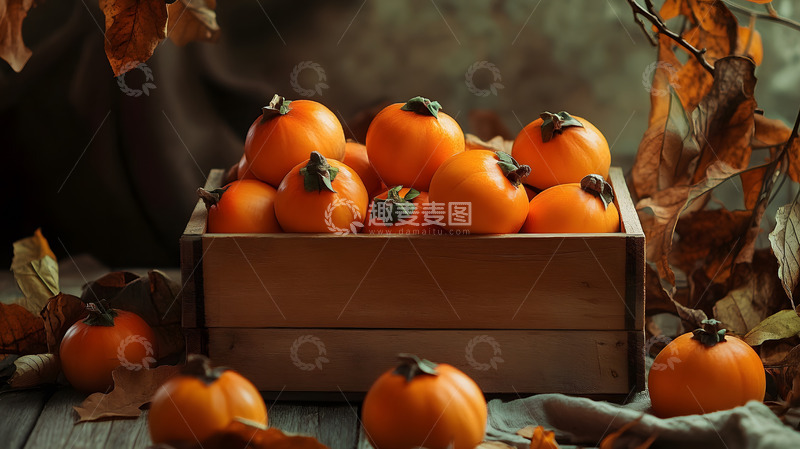 高清大图下载【趣麦麦图】木箱中堆满的柿子与秋叶静物摄影图