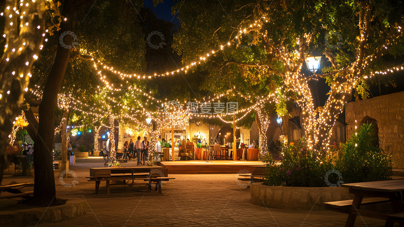高清大图下载【趣麦麦图】户外装饰灯光下的夜晚节日聚会场景