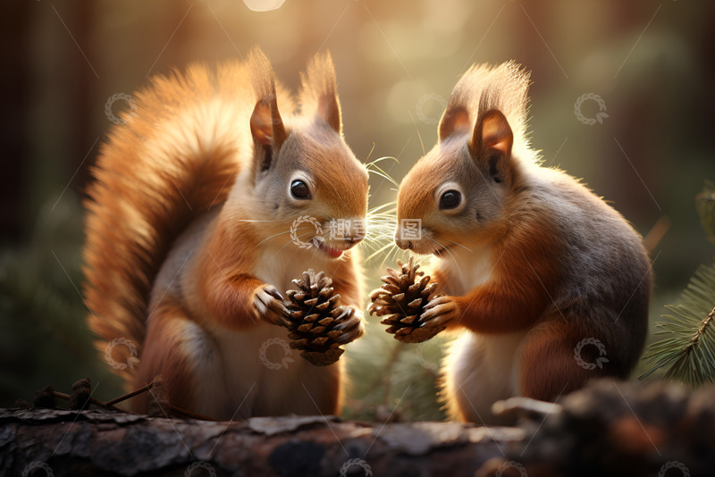 高清大图下载【趣麦麦图】两只抱着松果的松鼠