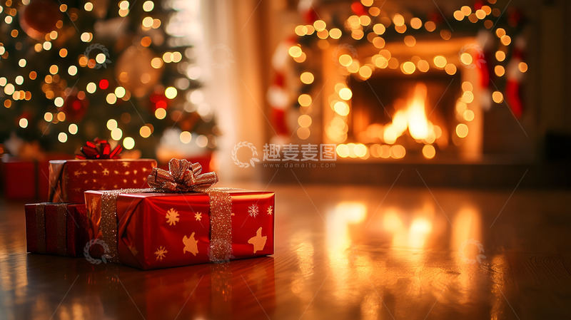 高清大图下载【趣麦麦图】壁炉旁温馨装饰的圣诞礼物盒节日场景