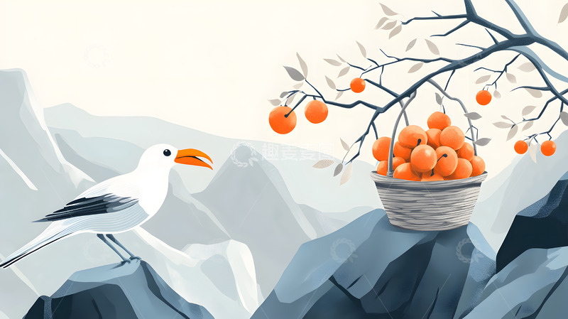 高清大图下载【趣麦麦图】山间柿子篮与白色小鸟插画图