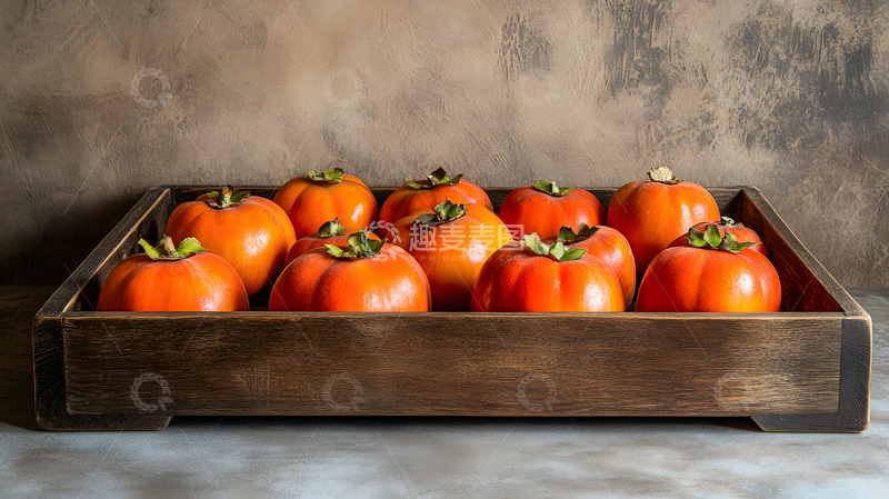 高清大图下载【趣麦麦图】木盒中整齐摆放的新鲜柿子静物摄影图