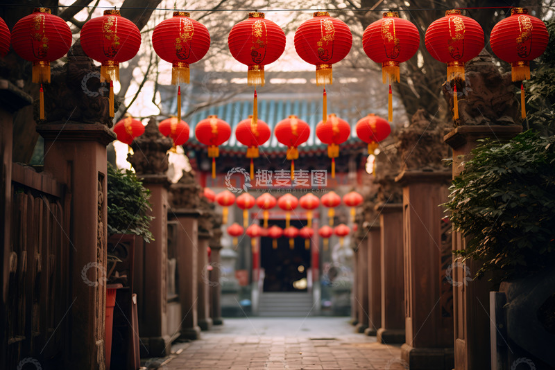 高清大图下载【趣麦麦图】过年挂着红灯笼的街面