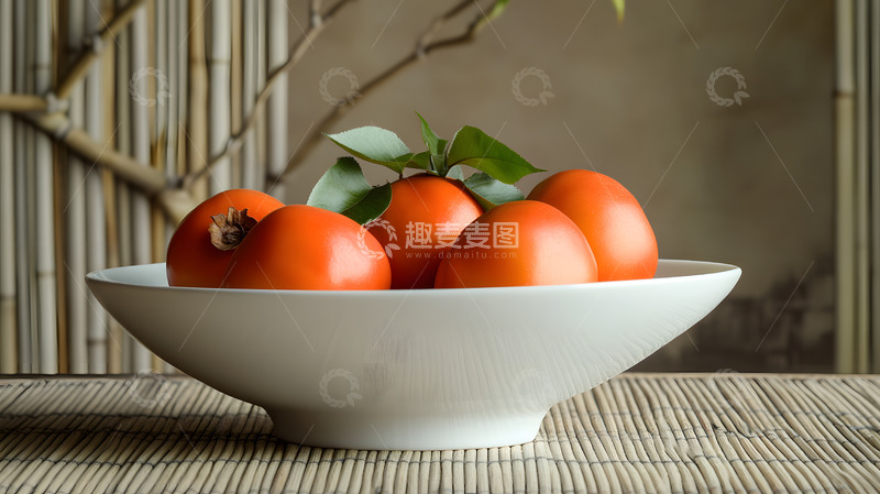 高清大图下载【趣麦麦图】白色碗中盛满新鲜柿子的静物摄影图