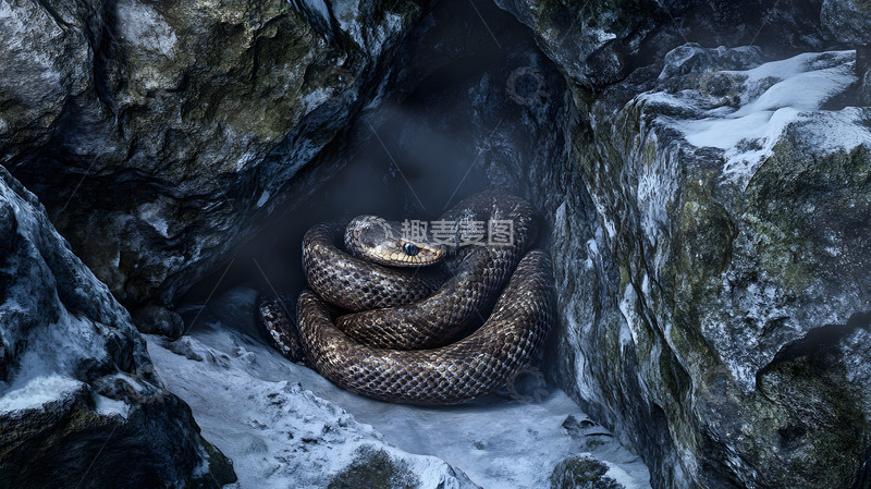 高清大图下载【趣麦麦图】岩石缝隙中蜷缩的蛇寒冷自然生态特写