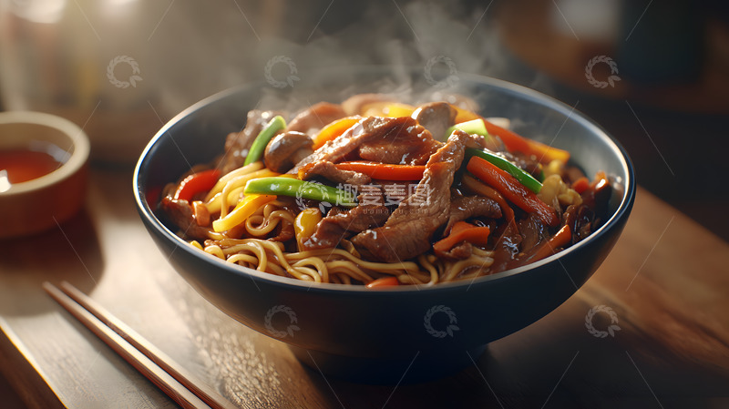 高清大图下载【趣麦麦图】热气腾腾牛肉炒面碗装中式美食