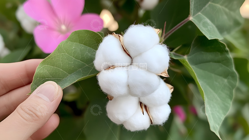 高清大图下载【趣麦麦图】手触棉花植物自然特写粉色花朵背景