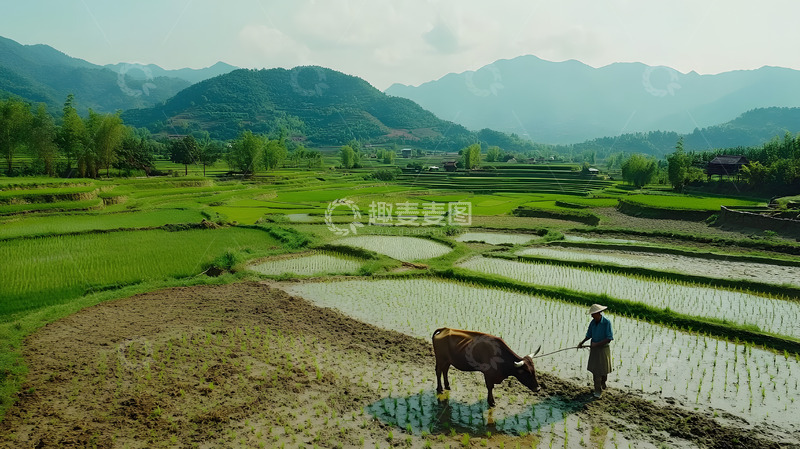 高清大图下载【趣麦麦图】梯田边农民牵牛山水田园风光