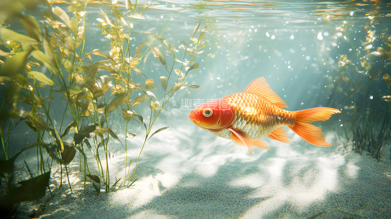 高清大图下载【趣麦麦图】水下橙色金鱼穿梭水草阳光透射自然风景