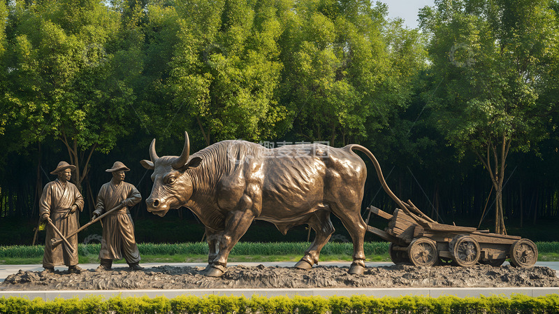 高清大图下载【趣麦麦图】农民牵牛耕作雕塑公园传统农业文化景观