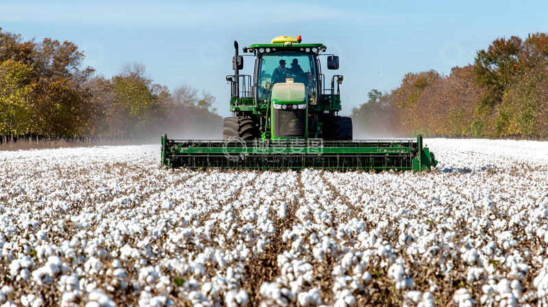 高清大图下载【趣麦麦图】俯瞰收割机棉花田机械化作业全景图