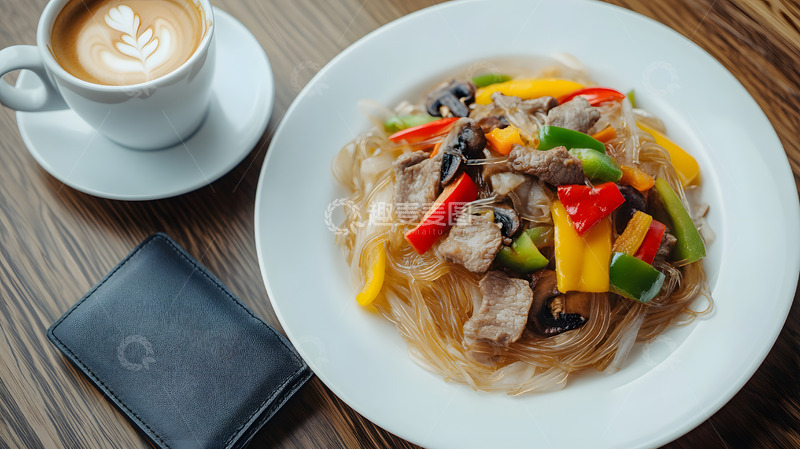 高清大图下载【趣麦麦图】彩椒炒粉丝配咖啡盘装美食生活场景