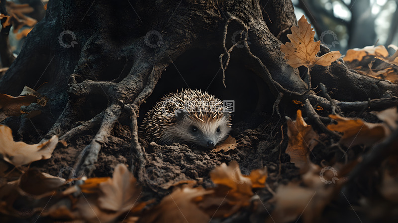 高清大图下载【趣麦麦图】树根下洞穴中的刺猬与秋季落叶自然景观
