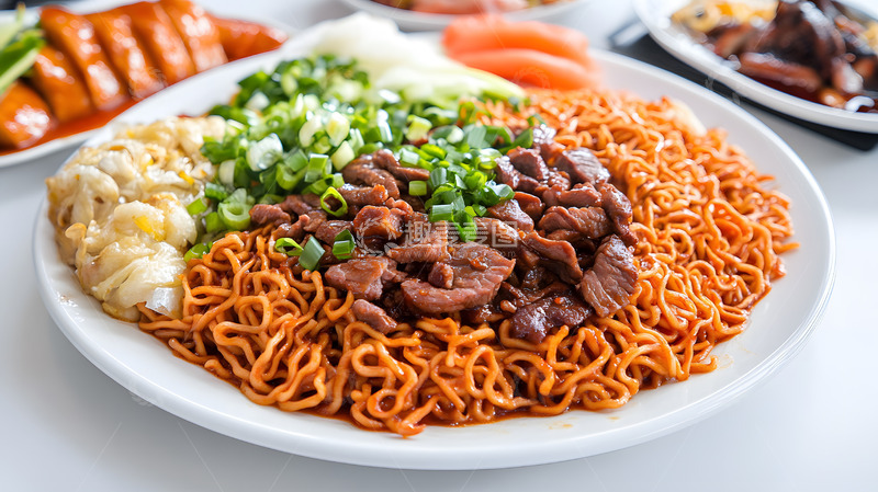 高清大图下载【趣麦麦图】辣味牛肉炒面盘装美食特写