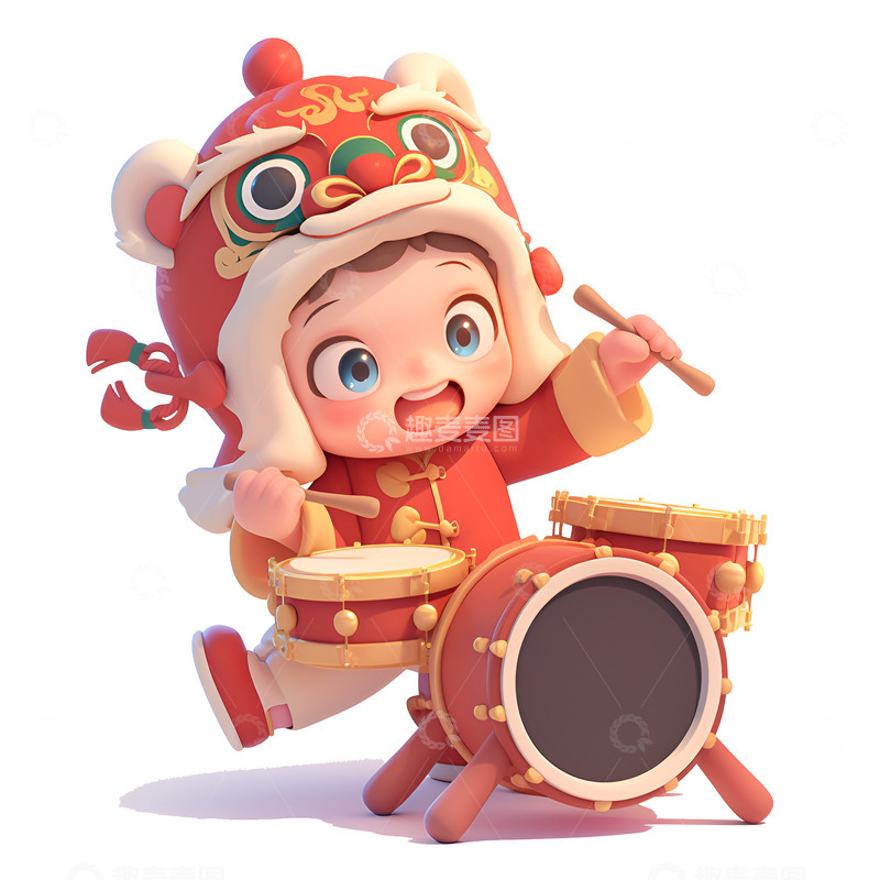高清大图下载【趣麦麦图】过年打花鼓的小孩