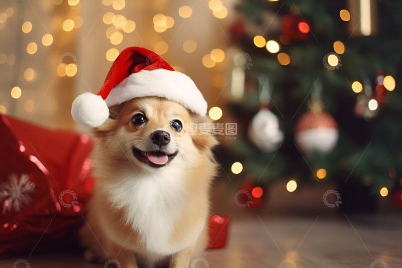 高清大图下载【趣麦麦图】带着圣诞帽的小狗