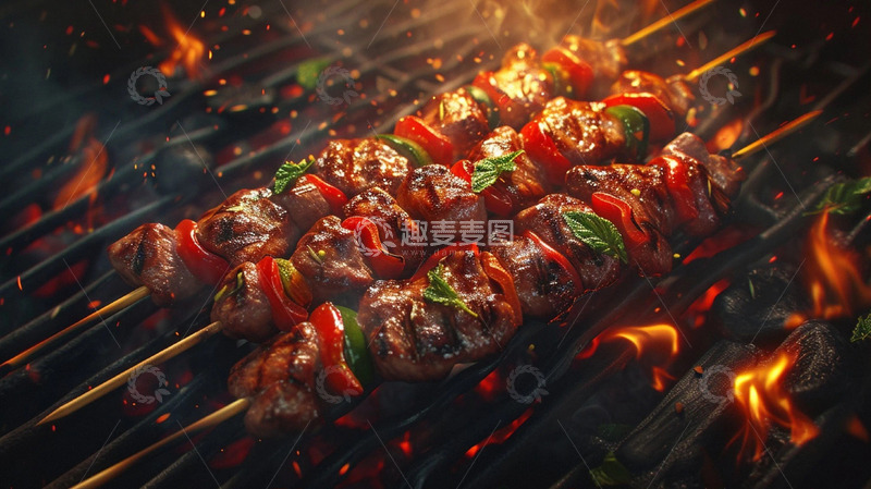 高清大图下载【趣麦麦图】俯拍烧烤辣椒烤肉串
