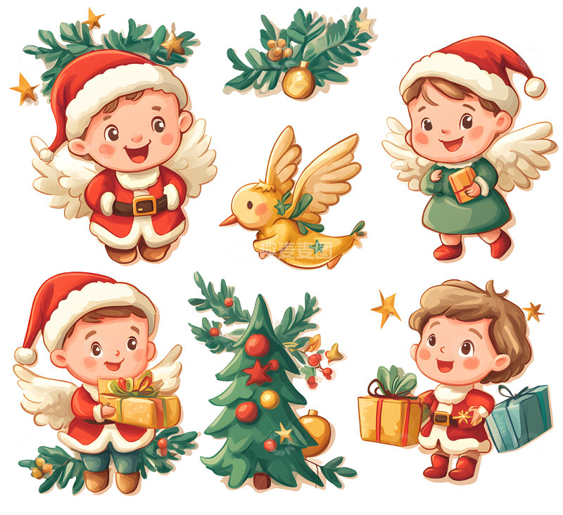 高清大图下载【趣麦麦图】圣诞节卡通贴纸圣诞老人天使和节日礼物