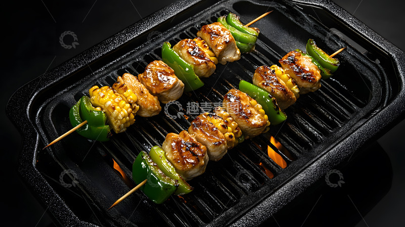 高清大图下载【趣麦麦图】烤肉串青椒烧烤架火热户外美食图