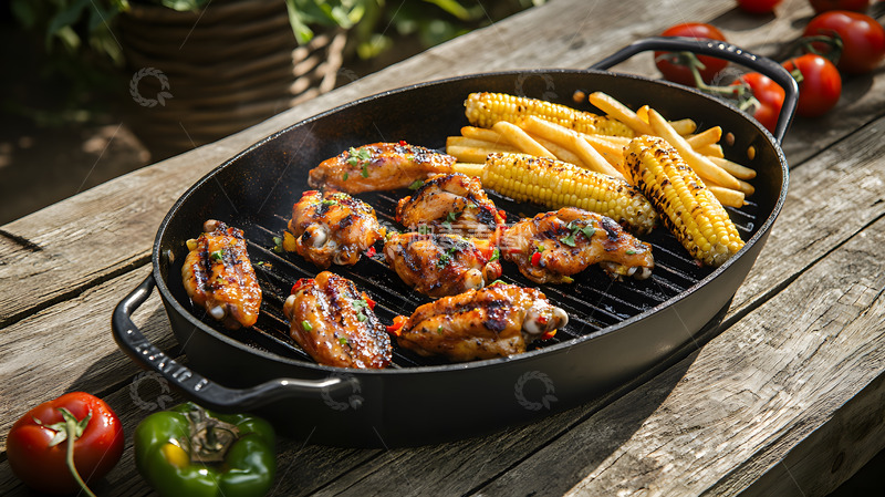 高清大图下载【趣麦麦图】烤鸡翅玉米烧烤盘户外休闲美食图