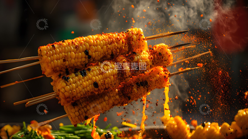 高清大图下载【趣麦麦图】香辣调料烤玉米串火热动态户外美食图