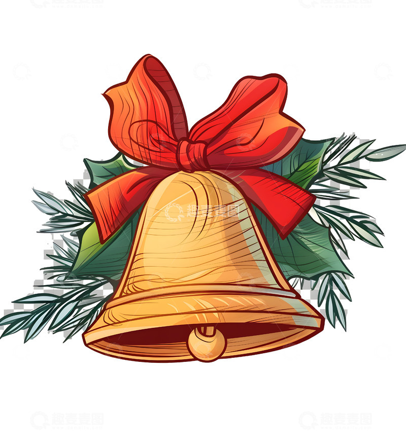 高清大图下载【趣麦麦图】金色圣诞铃铛红色蝴蝶结节日装饰