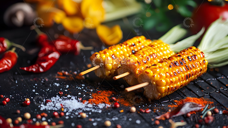 高清大图下载【趣麦麦图】香辣调味烤玉米串辣椒装饰户外美食图