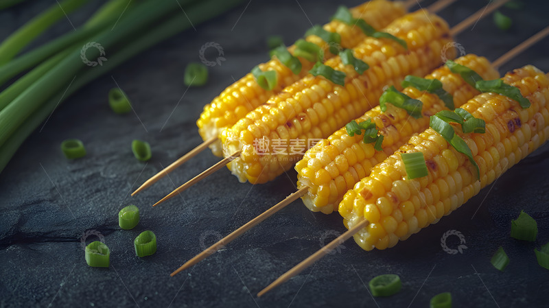 高清大图下载【趣麦麦图】葱花撒料烤玉米串石板背景户外美食图