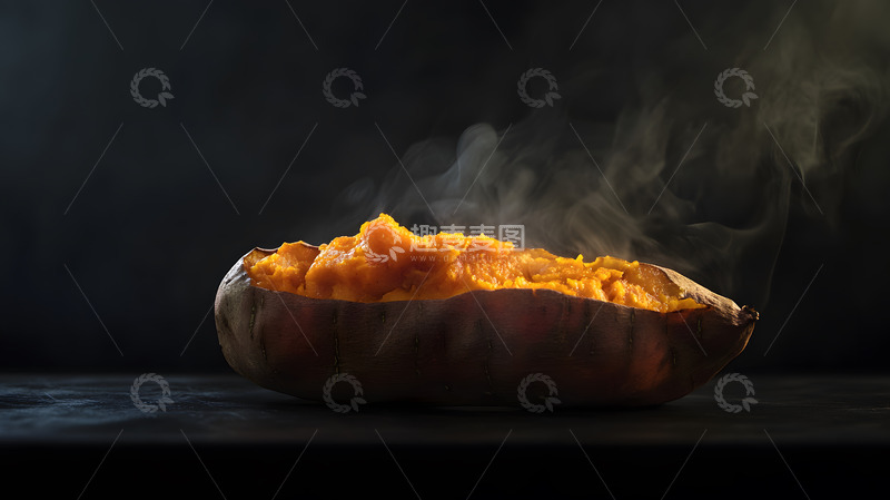 高清大图下载【趣麦麦图】热气蒸腾烤红薯深色背景秋冬温暖美食图