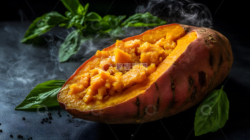 高清大图下载【趣麦麦图】香草装饰热气腾腾烤红薯深色背景秋冬美食图