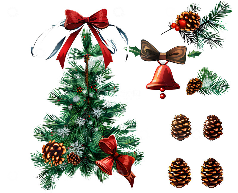 高清大图下载【趣麦麦图】圣诞节装饰元素集合圣诞树蝴蝶结和松果