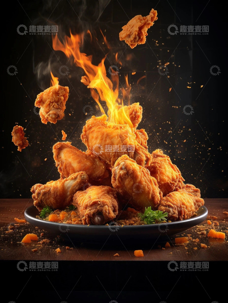 高清大图下载【趣麦麦图】黑色背景火焰鸡块