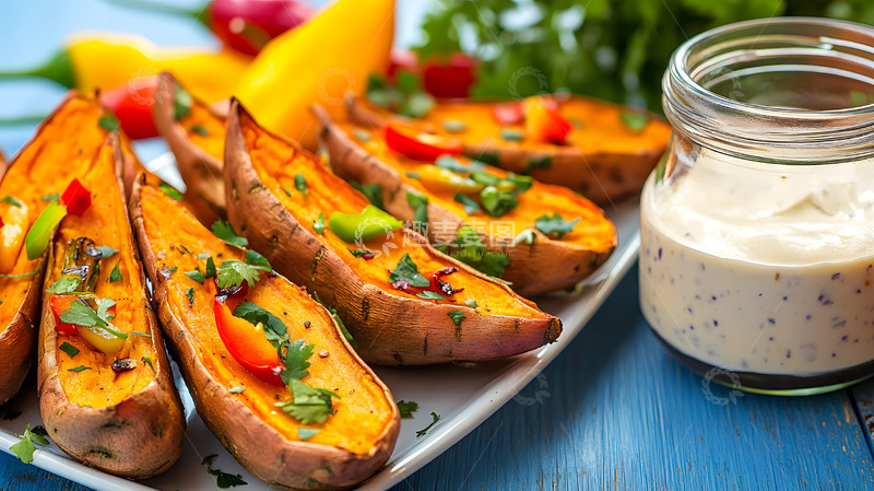 高清大图下载【趣麦麦图】香草辣椒烤红薯配调味酱健康清新美食图