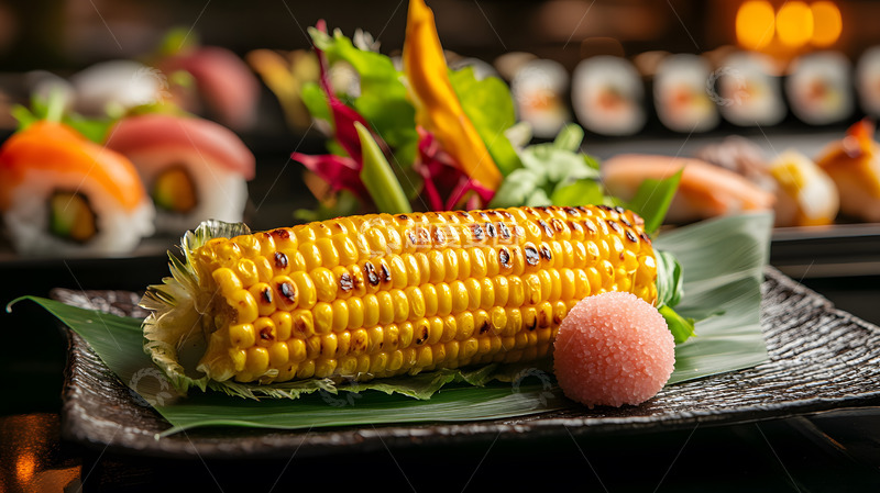 高清大图下载【趣麦麦图】烤玉米寿司摆盘餐厅精致美食图