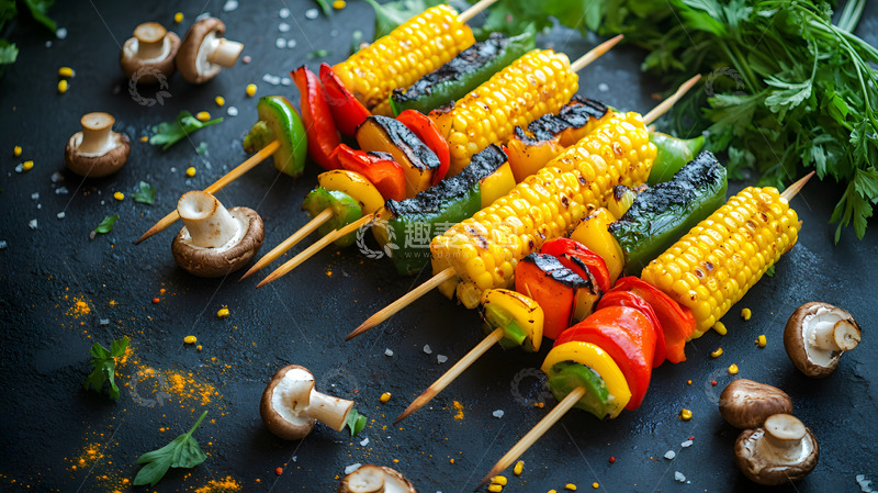 高清大图下载【趣麦麦图】彩色蔬菜玉米串蘑菇香草户外烧烤美食图