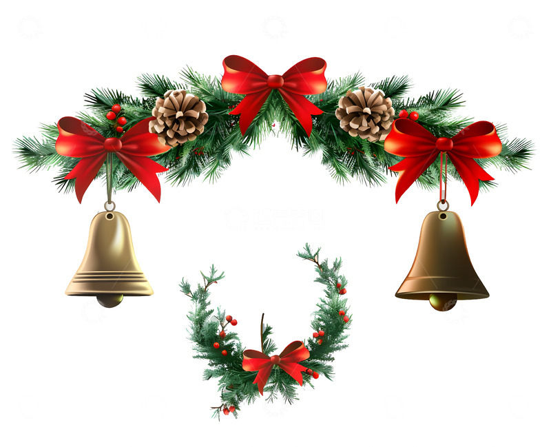 高清大图下载【趣麦麦图】圣诞松枝挂饰带铃铛和红色蝴蝶结节日装饰