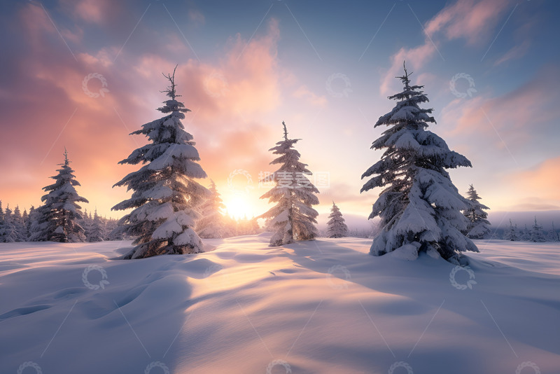 高清大图下载【趣麦麦图】冬季雪地里生长的松树